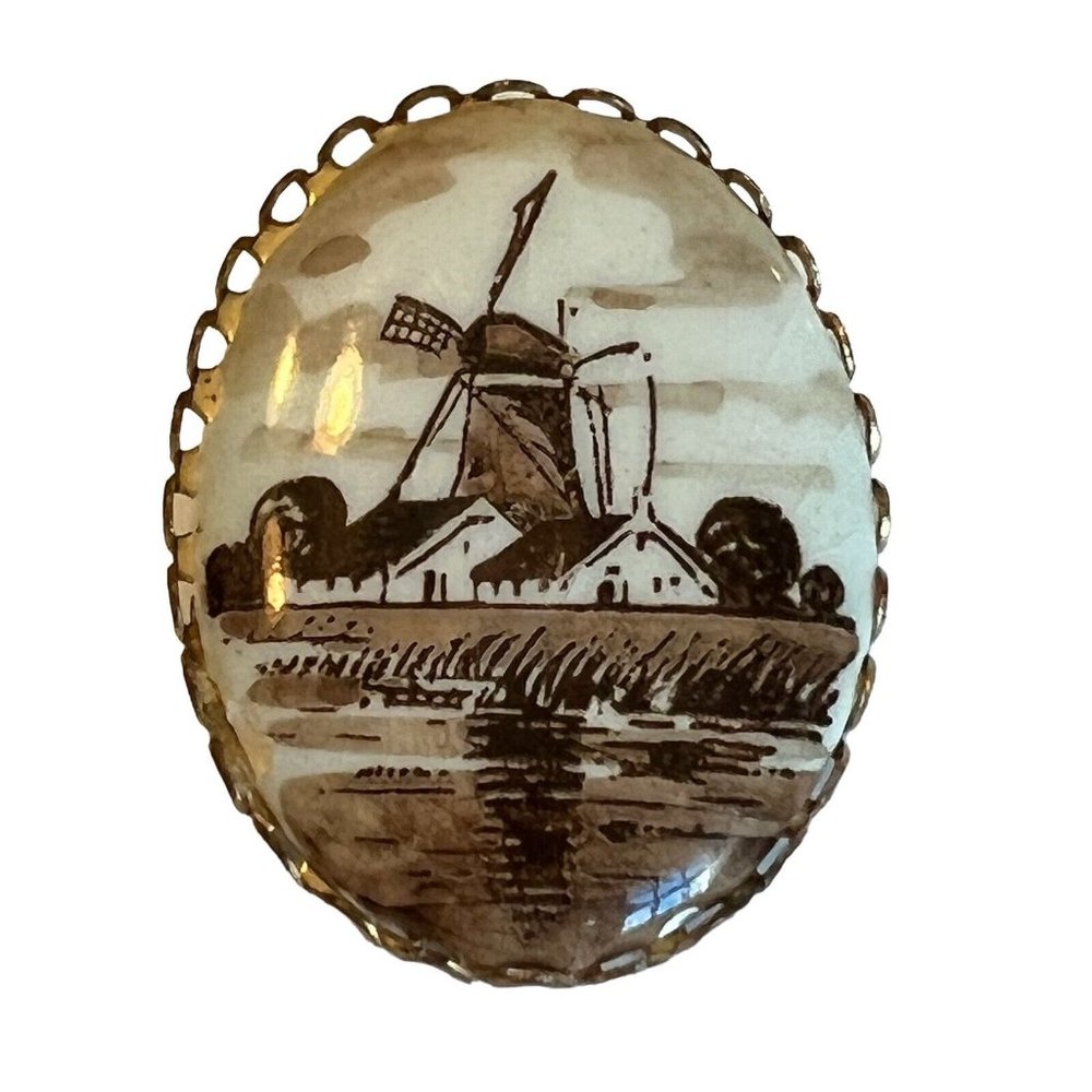 VINTAGE SIGNED NORELCO HOLLAND PORCELAIN WINDMILL BROOCH PIN 30